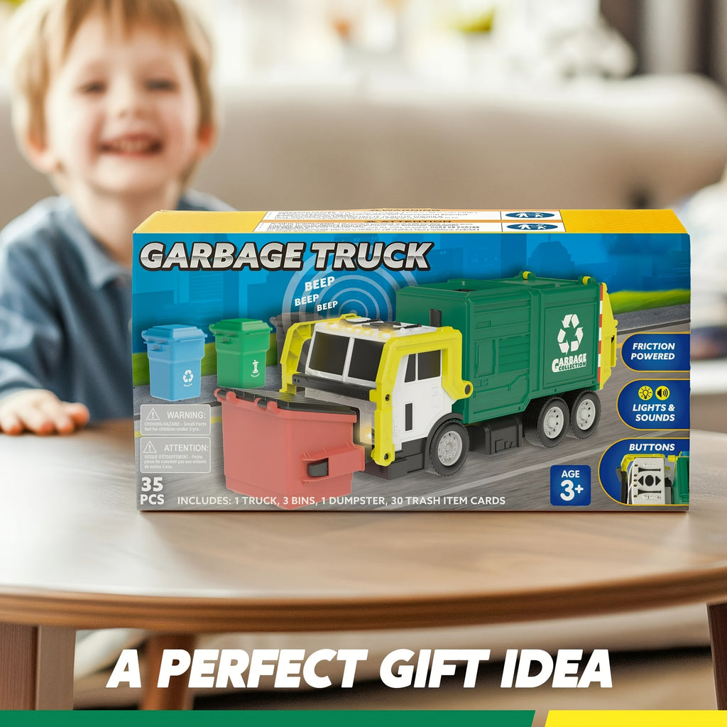 Garbage Truck Toy with Lights & Sounds – 16" Large Friction Powered Truck, Dumpster & Trash Bins, Garbage Sorting Learning Cards, Front-Load Dump Action, Birthday Gift for Kids Ages 3+