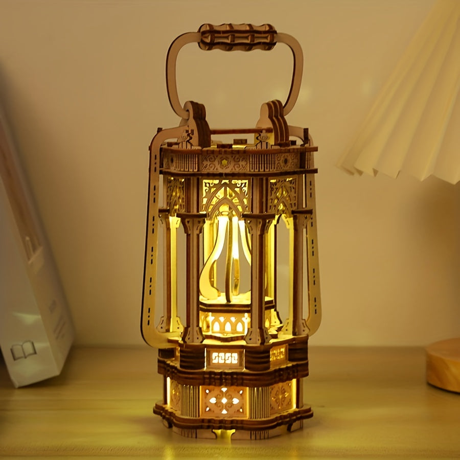 3D Wooden Puzzle Rotating Vintage LED Lantern Kit – Hands-On Building Activity, Mechanical Model, Desk Decor & Christmas Birthday Gift for Kids Adults