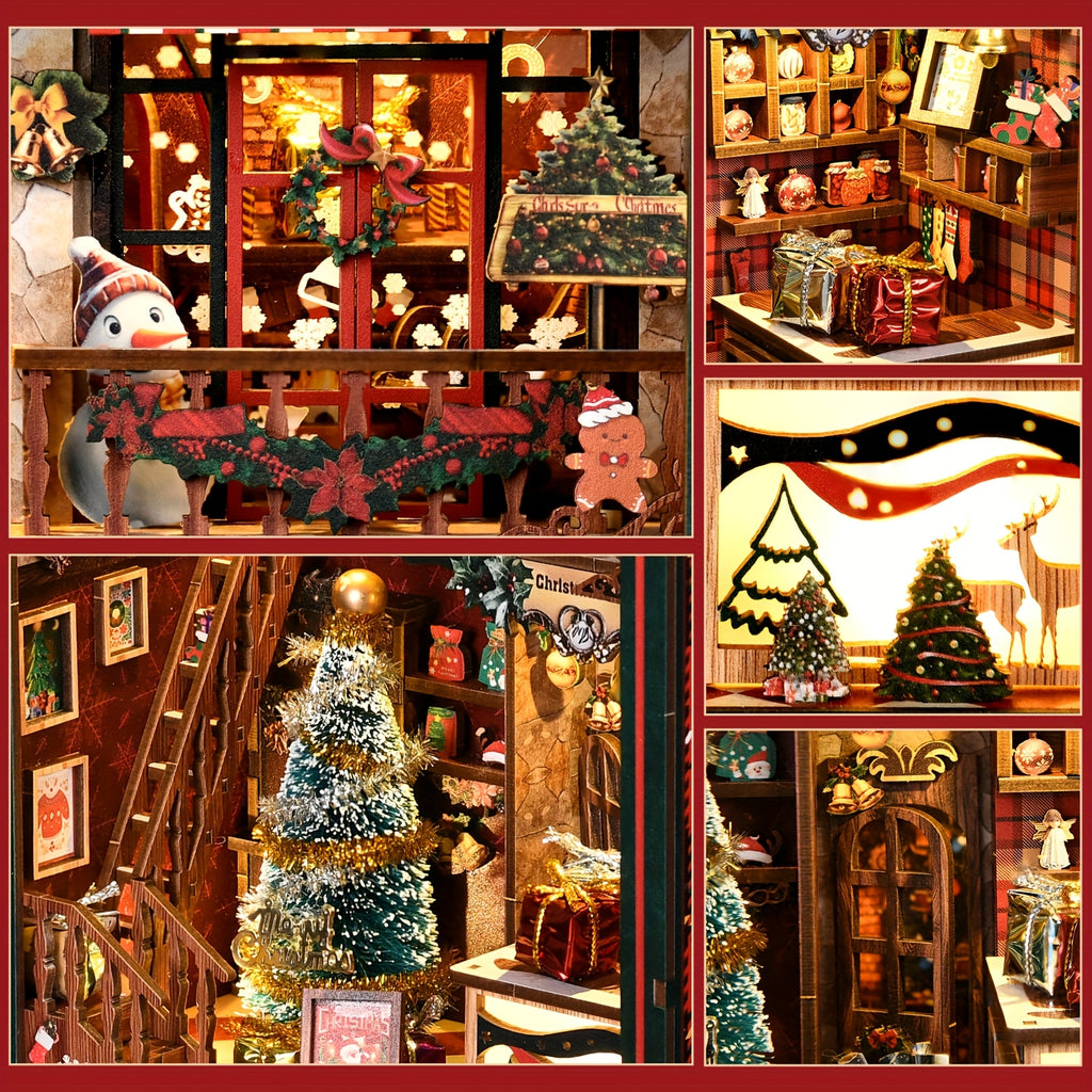 Christmas Shop Book Nook Kit – 3D Wooden Miniature House DIY Bookshelf Insert for Adults & Teens, Cozy Holiday Tiny House Craft, Christmas & New Year Gift, Home Decor