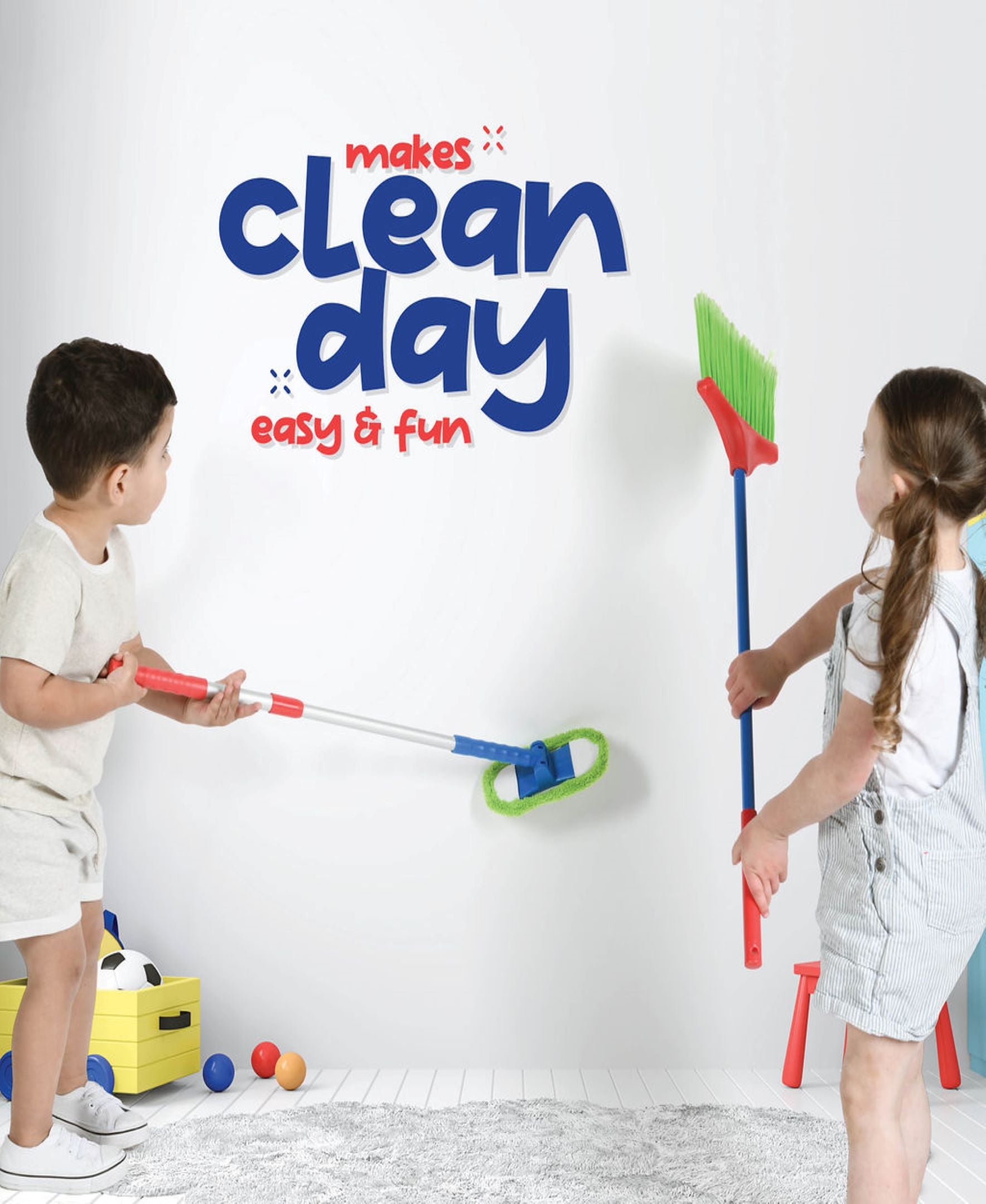 Kids Cleaning Set 4 Piece Toy Broom Mop Brush Dustpan Pretend Play Housekeeping Kit Toddler Girls Boys Birthday Christmas Gift Life Skills Toy