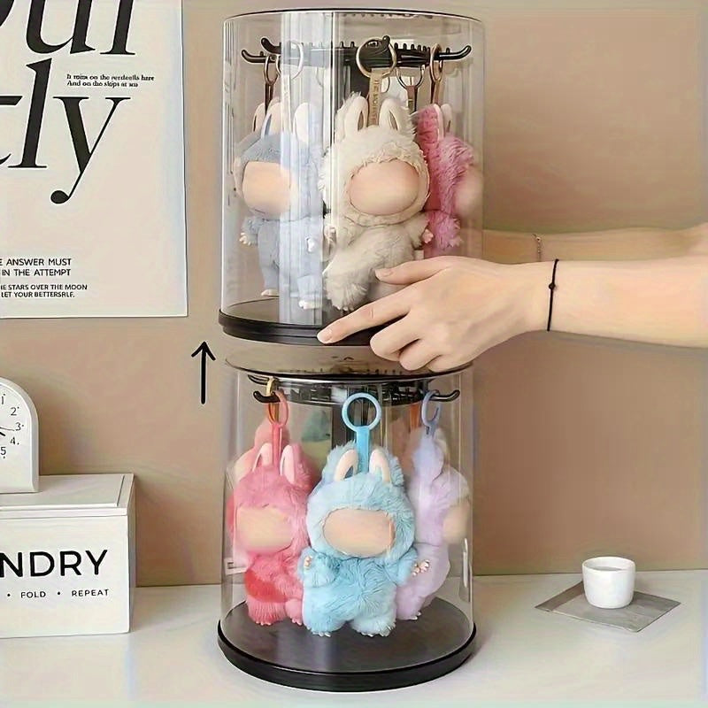 Rotating Display Case for LABUBU Figures 360 Degree Acrylic Box – Lidded Dust Cover Doll Storage with Multi-Layer Hanging Rack for Plush Toys Action Figures Blind Box Collectibles, White & Black
