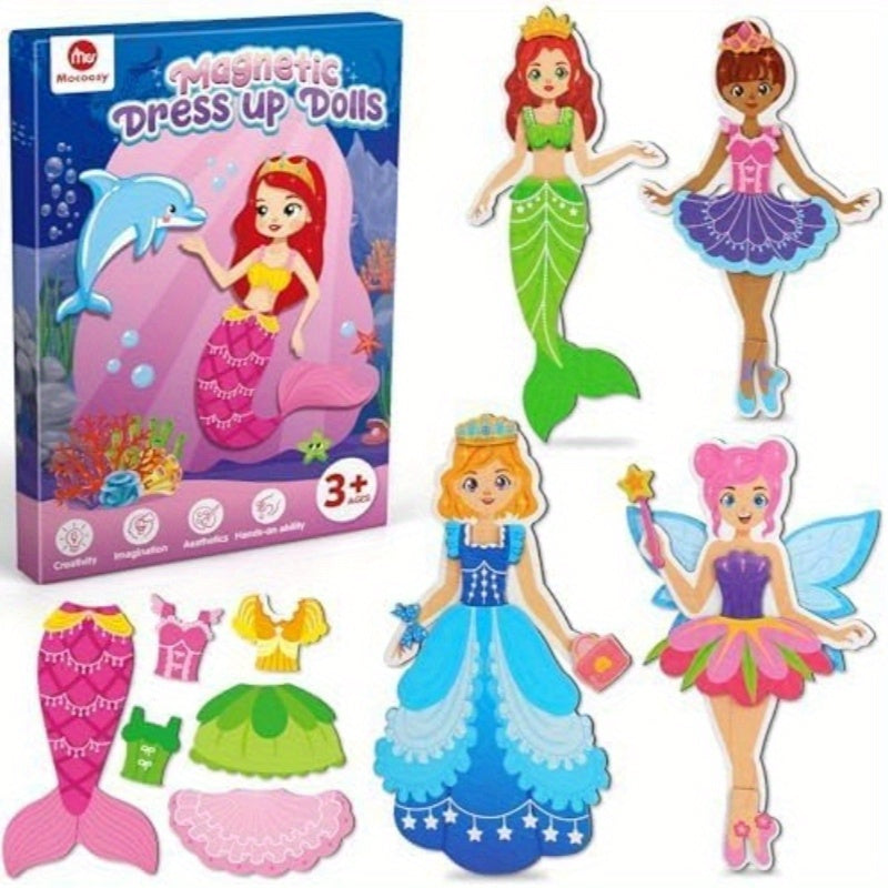Girls Dress Up Magnetic Dolls Set Princess Mermaid Fairy Ballerina Mix Color Magnetic Outfits Travel Game Kit Car Ride Airplane Activity Birthday Gift Girls Ages 3-7