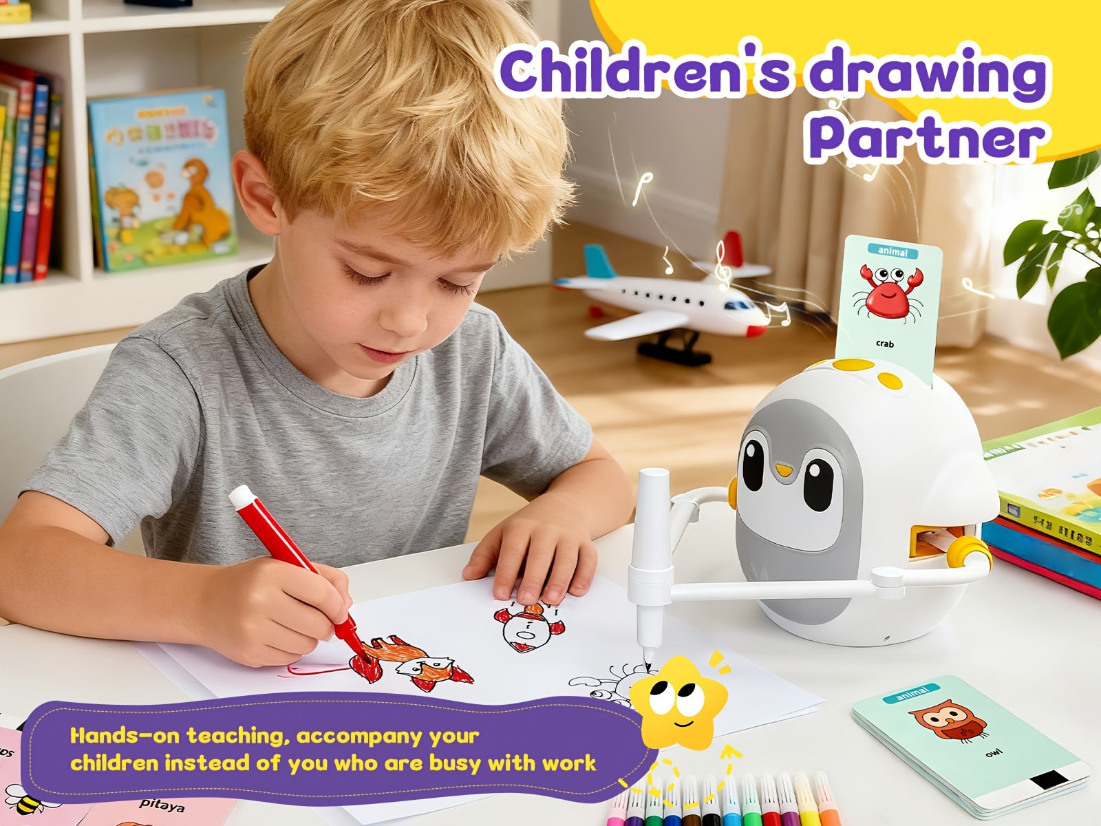 Drawing Robot for Kids with 200 Learning Cards & 12 Color Pens – Penguin Art Robot Toy, Interactive STEM Educational Drawing Toy for Boys Girls Ages 3+, USB Charging