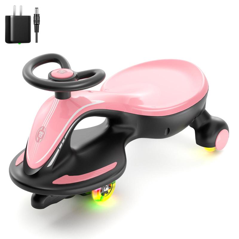 2-in-1 Electric Wiggle Car, KORIMEFA Rechargeable Kids Ride-On with Manual Mode, Light-Up PU Wheels, 360° Steering & 66 lb Capacity
