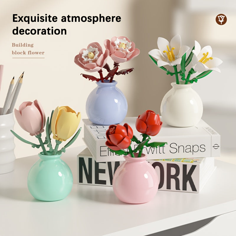 Flower Bouquet Mini Building Blocks 120pcs DIY Set - Eternal Green Plant Desk Decoration, Stress Relief Creative Toy, Easter Birthday Gift for Kids