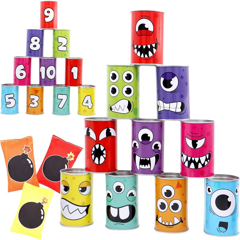 Monster Knockdown Can Game 13pcs – Carnival Bean Bag Toss Set for Kids Ages 3+ Outdoor Lawn Halloween Birthday Easter Party Favor Classroom Gift