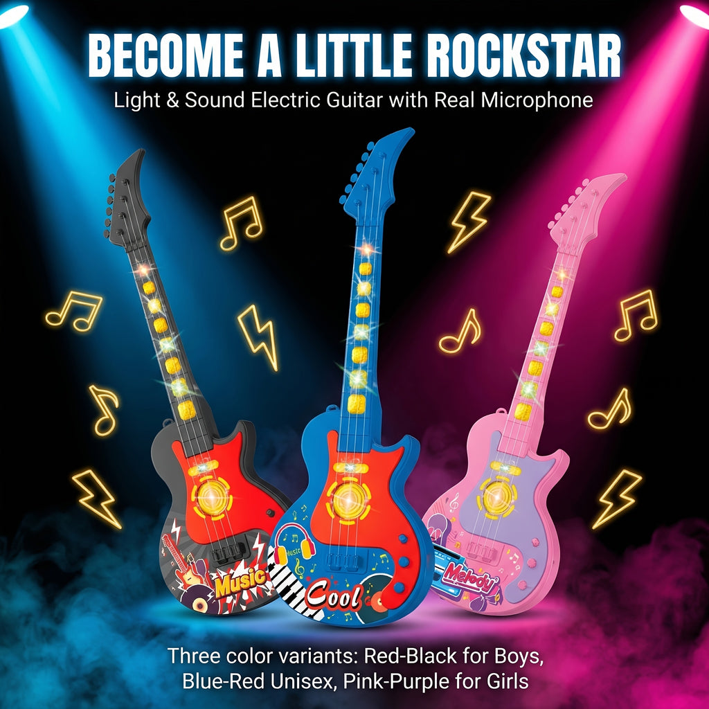 Kids Electric Guitar Toy with Microphone - Lights & Sound, Musical Instrument Toy for Boys & Girls, Beginner Guitar, Birthday Gift, Black Blue Pink