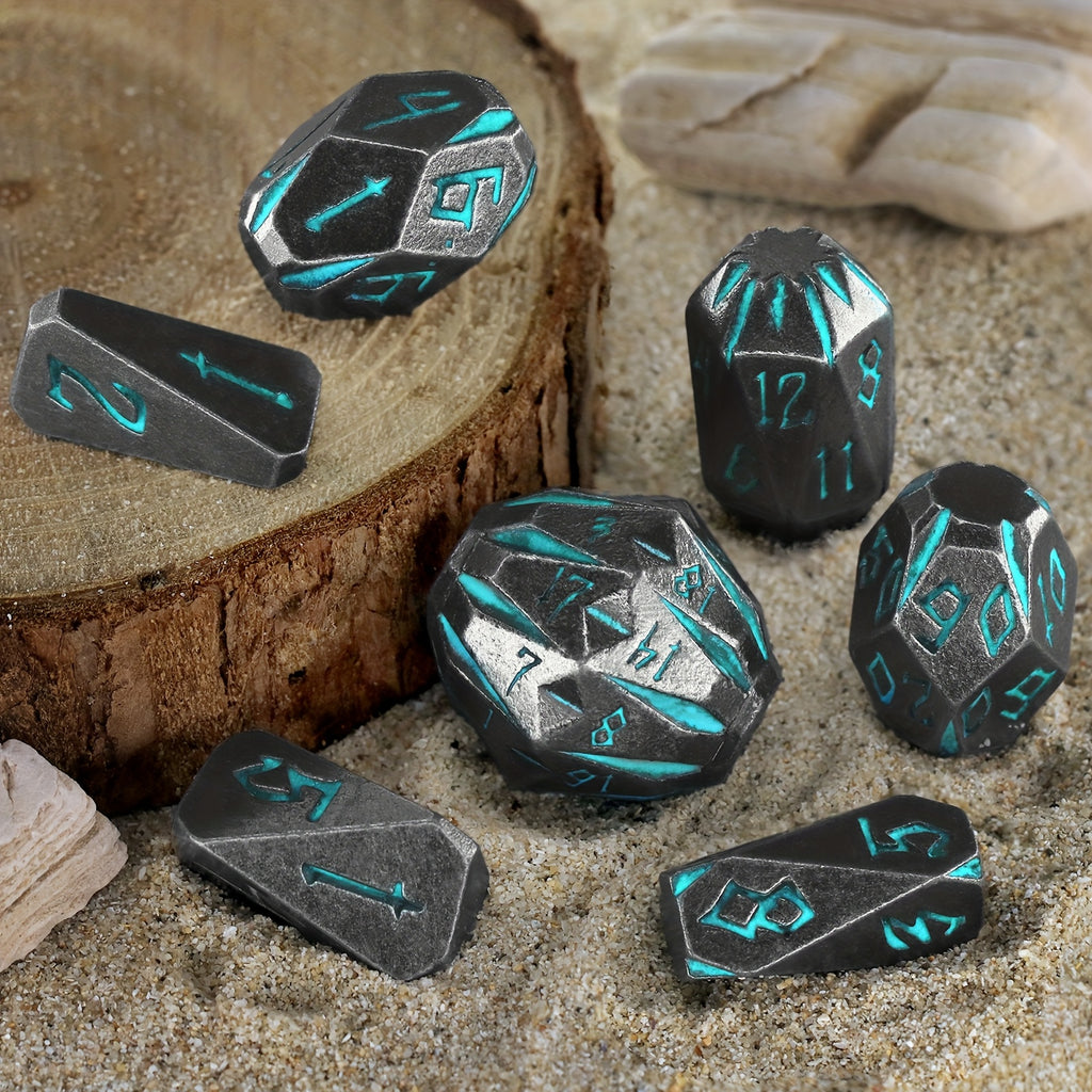 Metal DND Dice Set 7 Piece Stonehenge Themed Glow in the Dark – Zinc Alloy Heavy Polyhedral RPG Dice D4-D20 with Gift Box Blue, Dungeon Master Birthday Christmas Gift for Tabletop Gamers