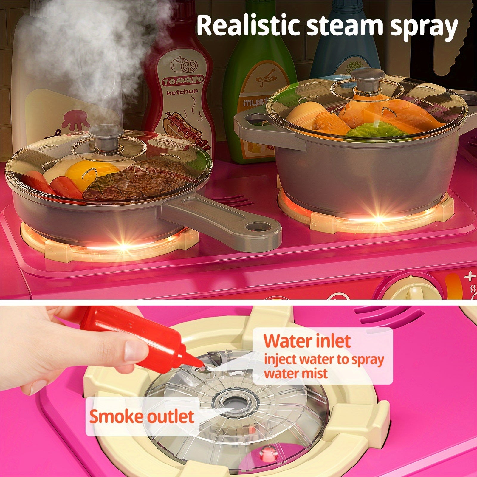 Kids Play Kitchen Playset Pretend Play Kitchen Set with Lights Sounds Toddler Cooking Toy Interactive Indoor Playset Birthday Christmas Gift Ages 3 and Up