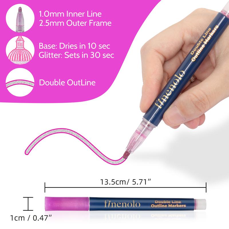 Outline Shimmer Markers for Kids and Adults, FINENOLO Metallic Silver Double Line Pens with Nylon Tips for DIY Crafts, Cards and Holiday Gifts