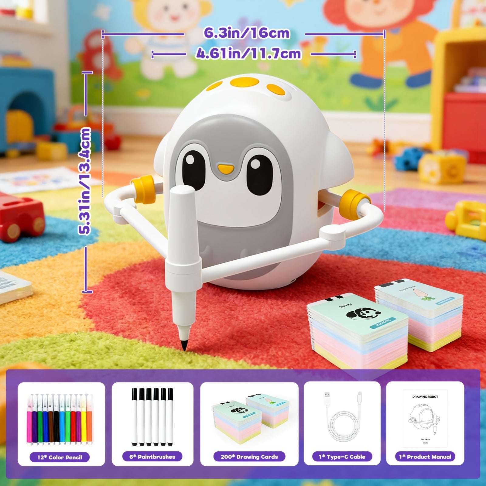 Drawing Robot for Kids with 200 Learning Cards & 12 Color Pens – Penguin Art Robot Toy, Interactive STEM Educational Drawing Toy for Boys Girls Ages 3+, USB Charging