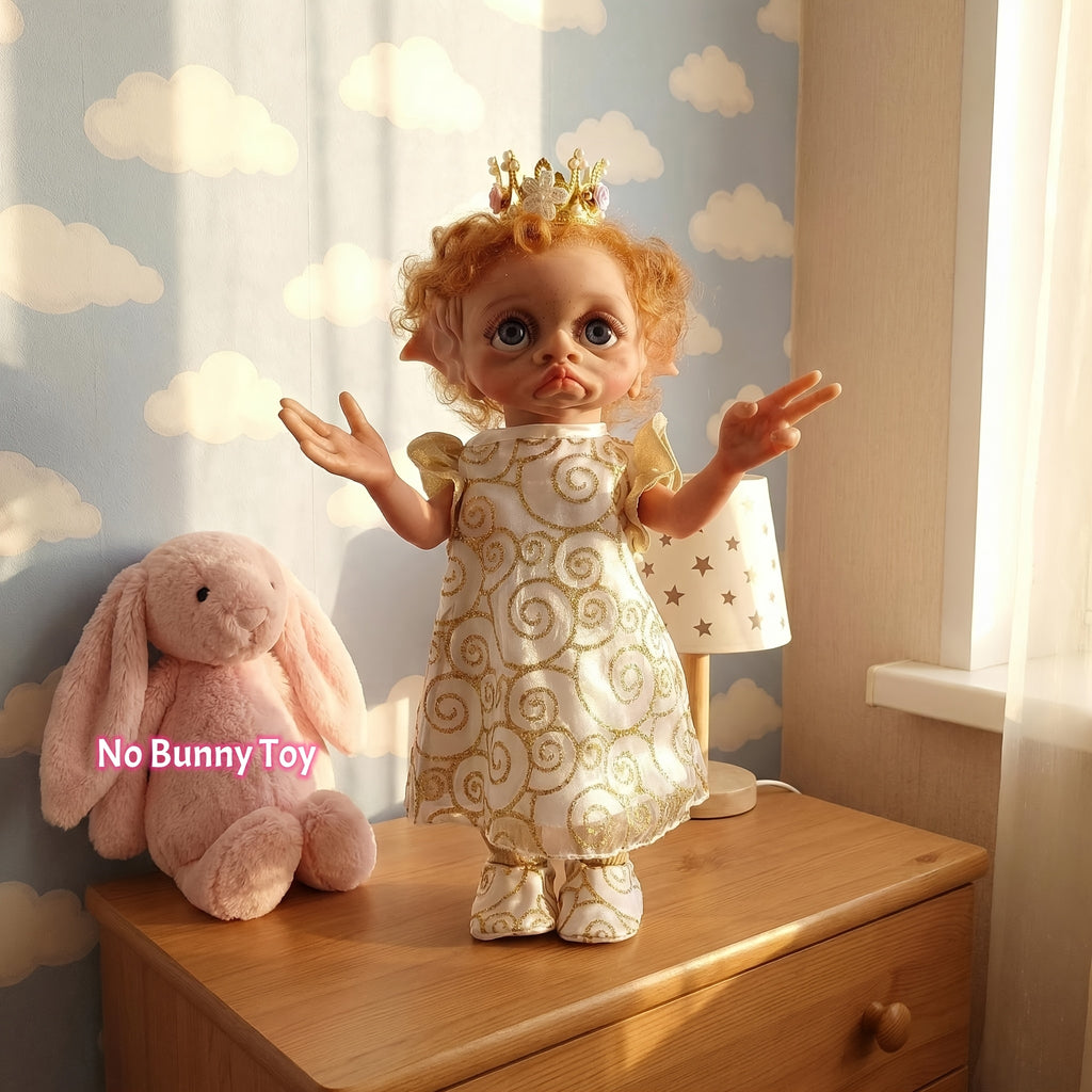 Fairy Elf Reborn Doll 15 Inch Fully Hand Painted Soft Vinyl – Poseable Bathable Rooted Hair Collectible Art Doll with Crown Halloween Christmas Easter Birthday Gift