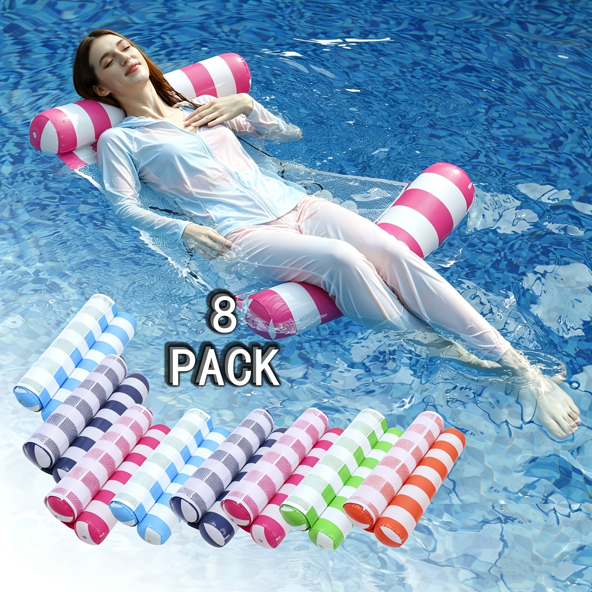 Jixiangyu 4-in-1 Adult Inflatable Pool Float - Hammock Lounger Raft & Exercise Saddle, Striped Floating Bed for Pool Lake Beach, Blue Navy Blue Rose Red