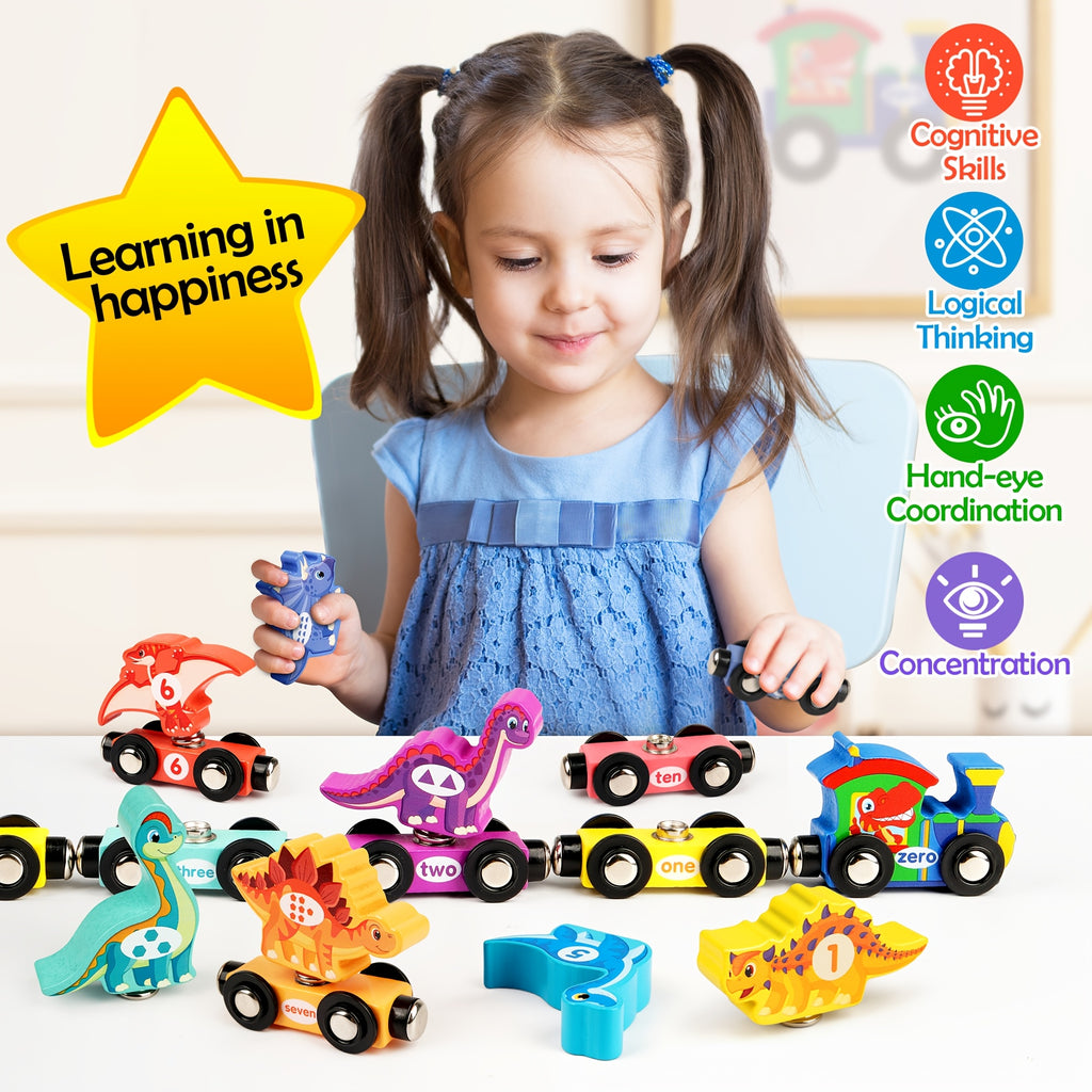 Dinosaur Magnetic Wooden Train Set 11pcs Number Learning - Educational STEM Toy for Toddlers Ages 3-5, Birthday Christmas Gift for Boys & Girls
