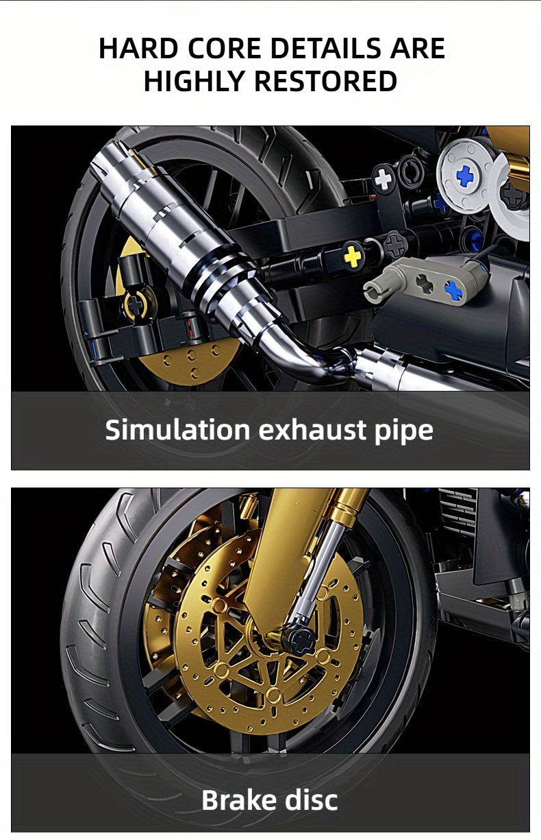 Motorcycle Building Blocks 1000pcs 1:10 Scale DIY Model Kit – Black & Gold Collectible Motorbike Display Ornament for Adults – Large Size Brick Set, Birthday & Christmas Gift for Motorcycle Fans
