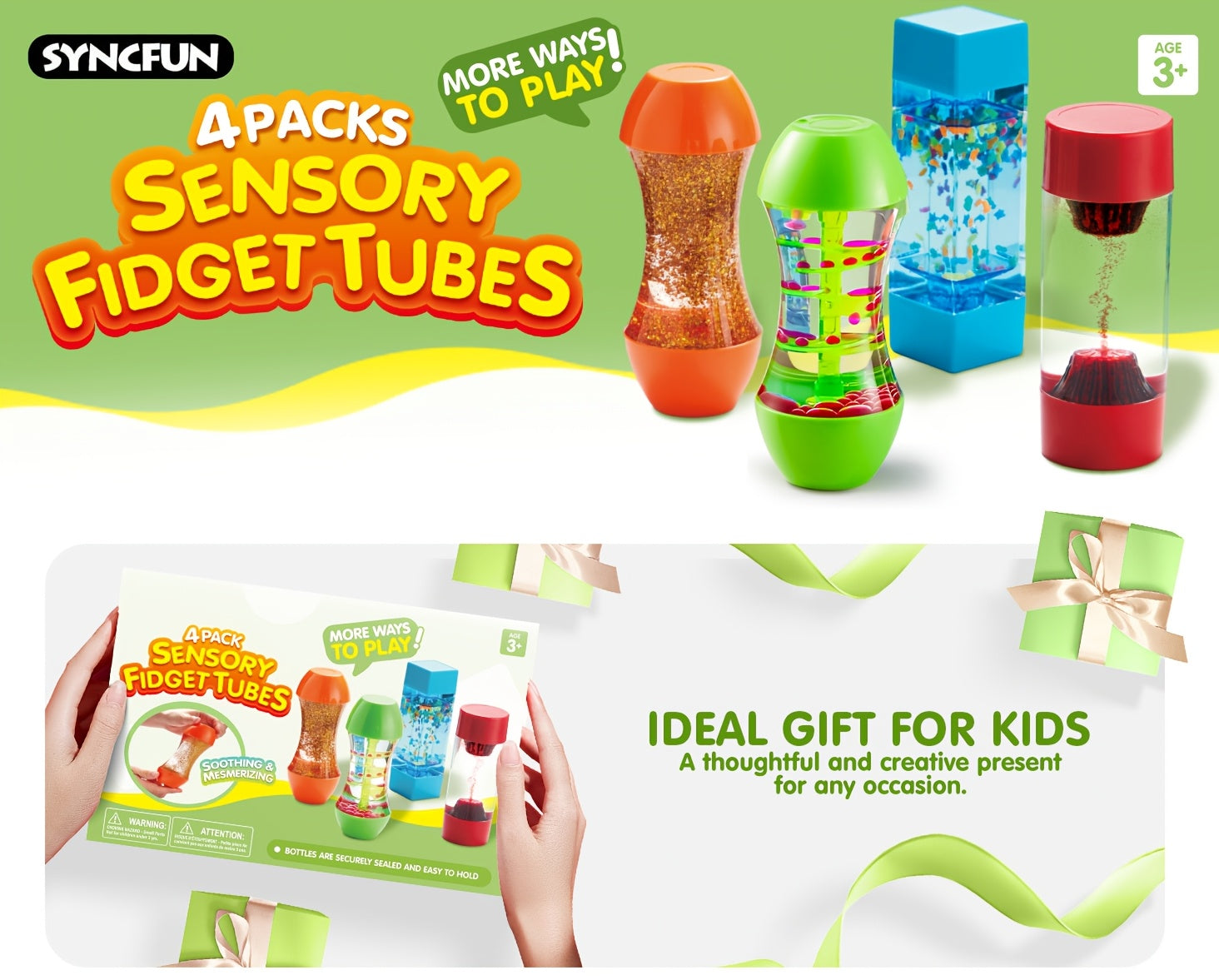 Fidget Tube Toys 4 Pack for Kids – Sensory Calming Tubes for Autism ADHD Stress Relief, Calm Down Corner Supplies, Speech Therapy, Birthday Christmas Gift