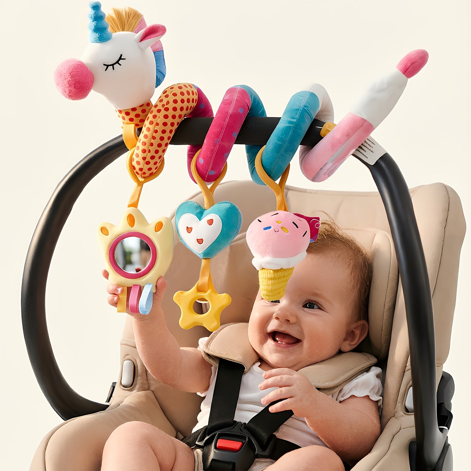 Baby Car Seat Toys 0-6 Months – Unicorn Infant Stroller Toy with Rattle, Mirror, Crinkle & Squeaky Features, Sensory Development Toy for Newborn Boys Girls, Baby Shower Gift
