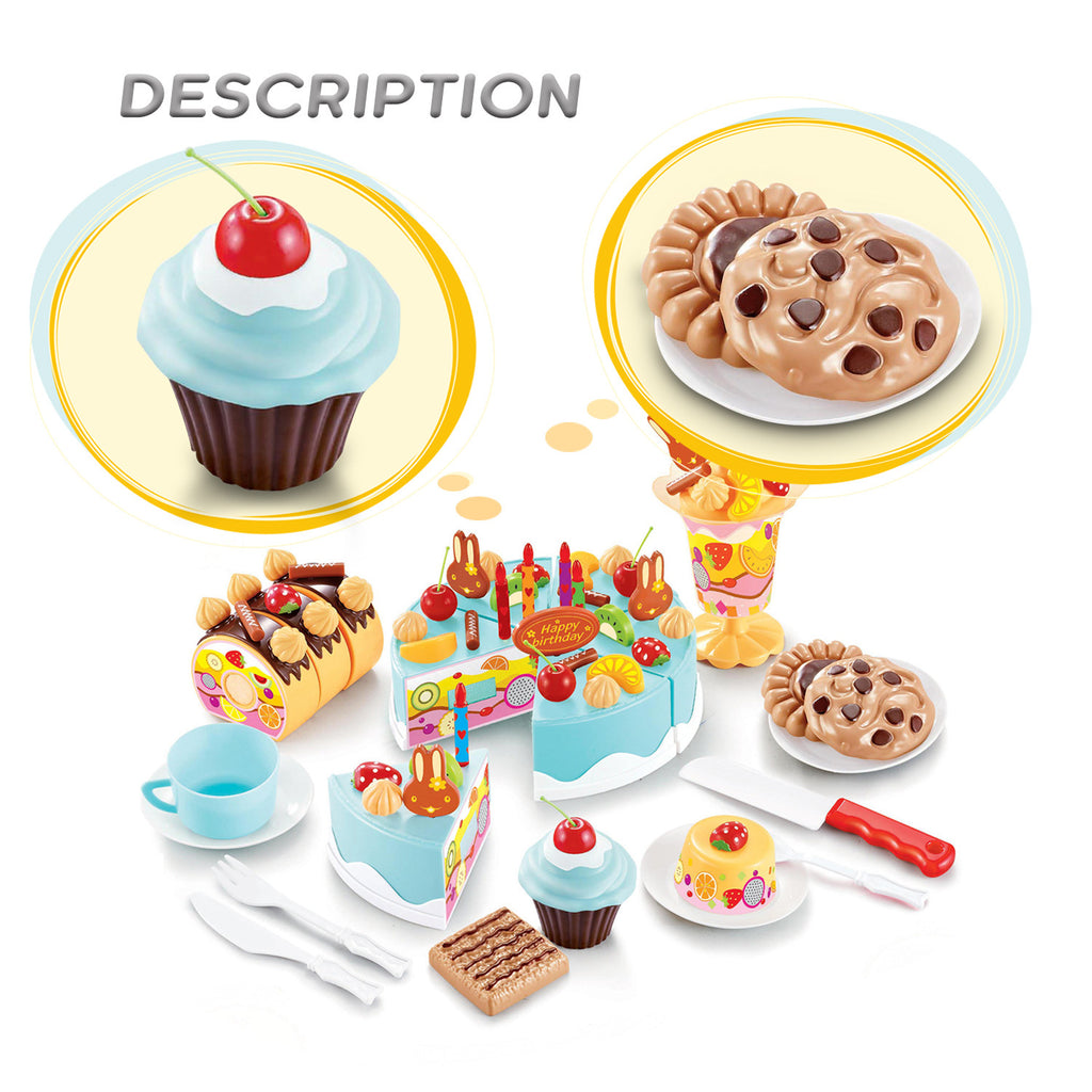 Birthday Cake Tea Party Play Food Toy Set Kids Pretend Play Cake Decorating Dessert Accessories 75-85pcs Girls Ages 3+
