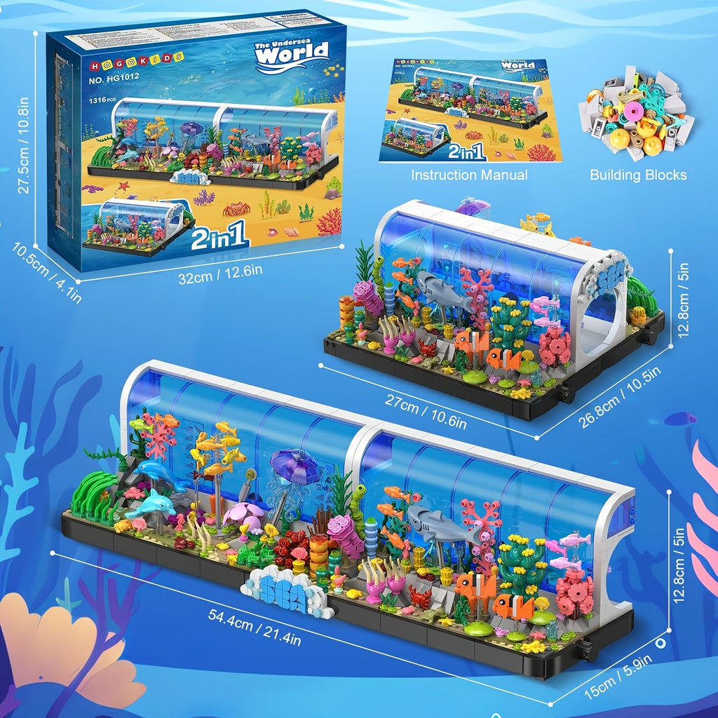 Aquarium Building Block Set 1316 Pieces for Adults, 2-in-1 Oceanarium Underwater Ocean World ABS Brick Model Kit, Creative Home Decoration Display, Unique Valentine's Day Birthday Anniversary Gift for Him Her