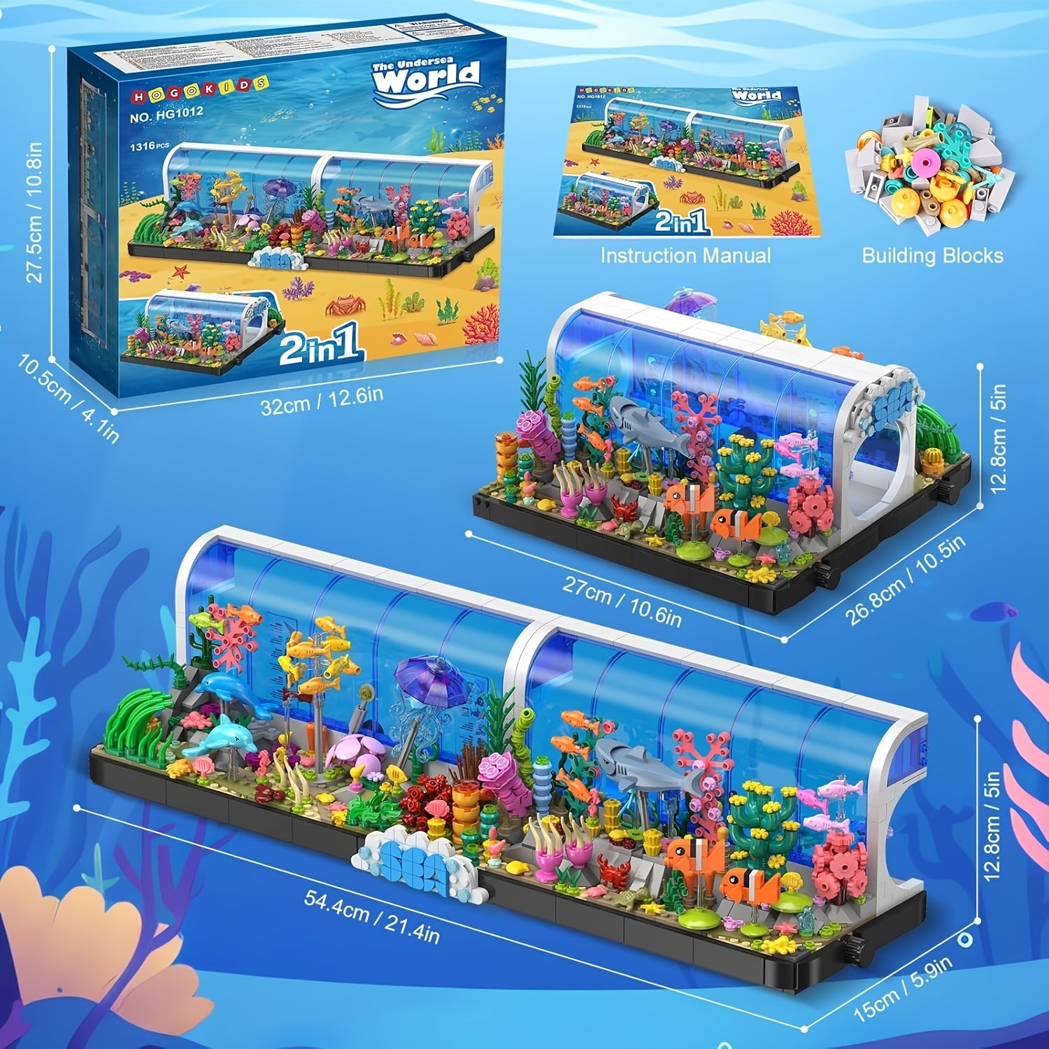 Aquarium Building Block Set 1316 Pieces for Adults, 2-in-1 Oceanarium Underwater Ocean World ABS Brick Model Kit, Creative Home Decoration Display, Unique Valentine's Day Birthday Anniversary Gift for Him Her