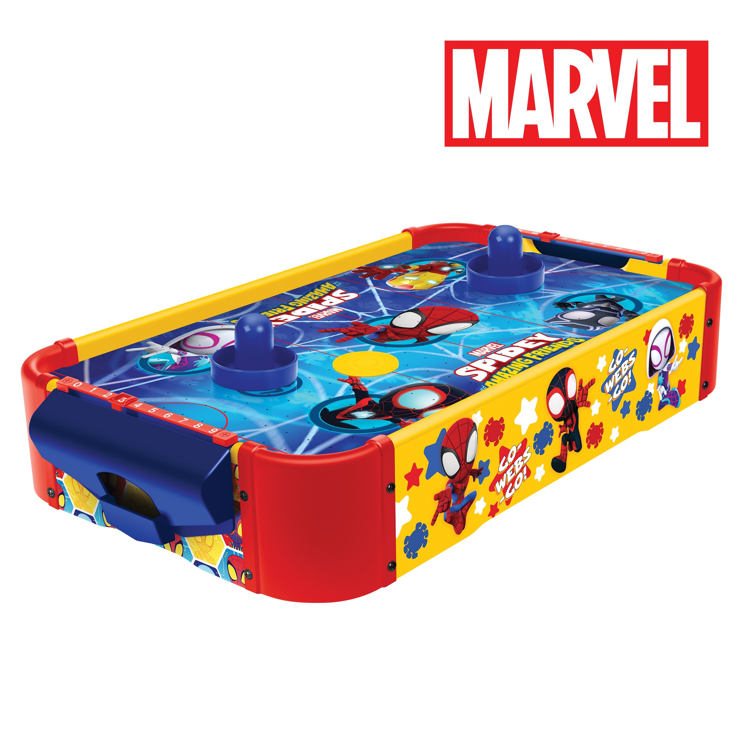 Tabletop Air Hockey Game for Kids Marvel Spidey and His Amazing Friends – Officially Licensed Wood Air Hockey Table, Manual Score Tracker, Family Game Night Gift Boys Girls Ages 3+