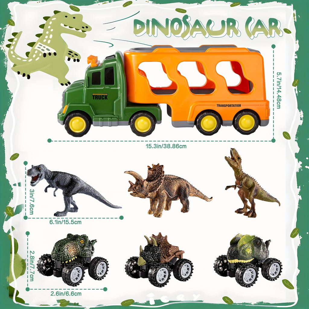 7-in-1 Dinosaur Transport Truck Toy Set with 3 Dino Figures 3 Monster Cars Lights Sounds Friction Push Go for Kids Boys Girls Ages 3 4 5 Birthday Christmas