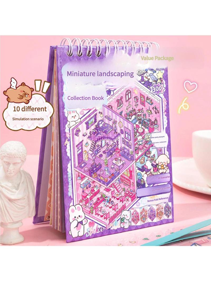 3D Sticker Book for Adults, DIY Miniature House and Shop Scenes with Cute Cartoon Animals, Isometric Sticker Craft with Tweezers