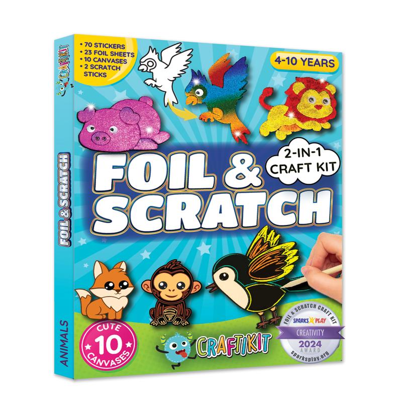 Foil and Scratch Art Kit for Kids Ages 4-10 by Craftikit, Peel-and-Press Paper Crafts with Stickers for Screen-Free Travel Activities and Birthday Gifts