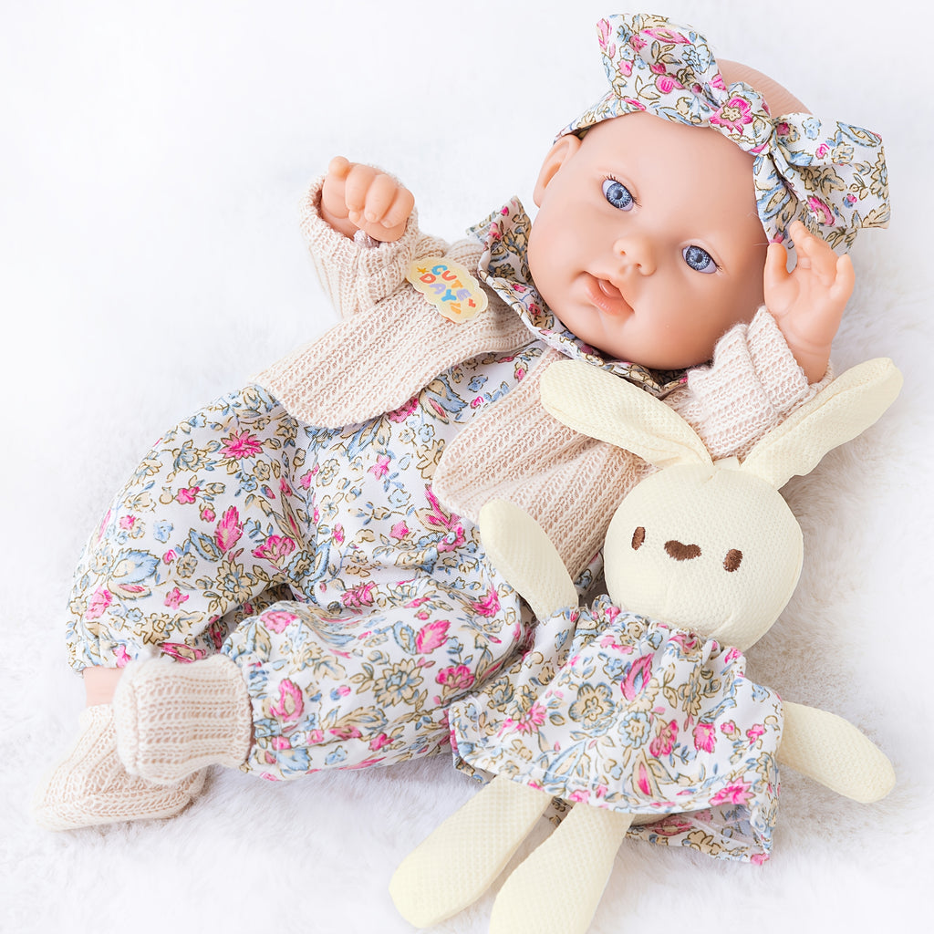 12 Inch Dress-Up Baby Doll Set with Floral Clothes Headscarf Socks & Toy Rabbit – Vinyl Girl Doll Playset for Kids Ages 3+ Birthday Christmas Gift (Beige & Pink)