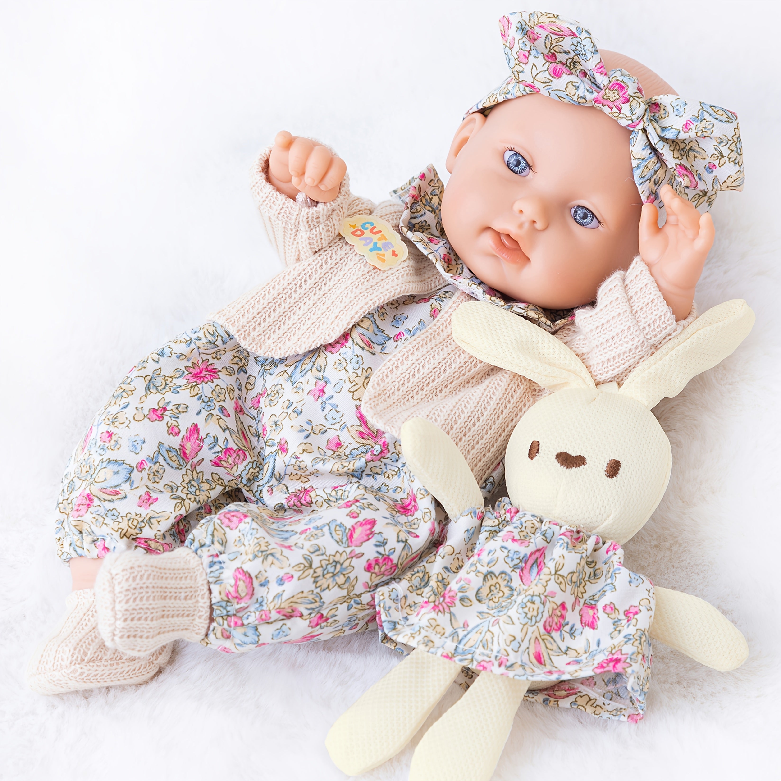 12 Inch Dress-Up Baby Doll Set with Floral Clothes Headscarf Socks & Toy Rabbit – Vinyl Girl Doll Playset for Kids Ages 3+ Birthday Christmas Gift (Beige & Pink)