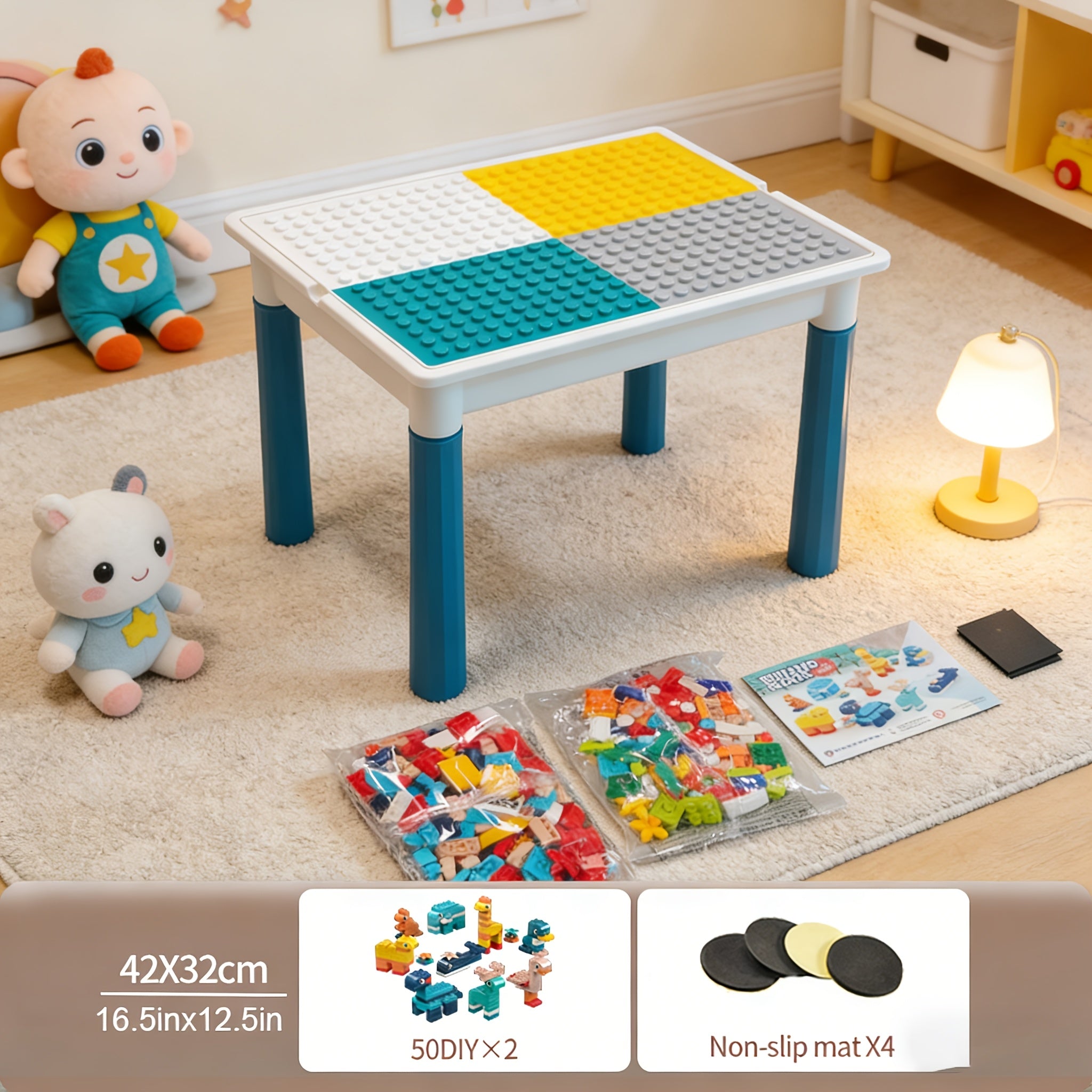 Kids Building Block Table Set with Chair and Storage 16.5x12.6 Inch LEGO Compatible Activity Desk for Boys Girls Ages 3 Plus - Birthday Christmas Gift