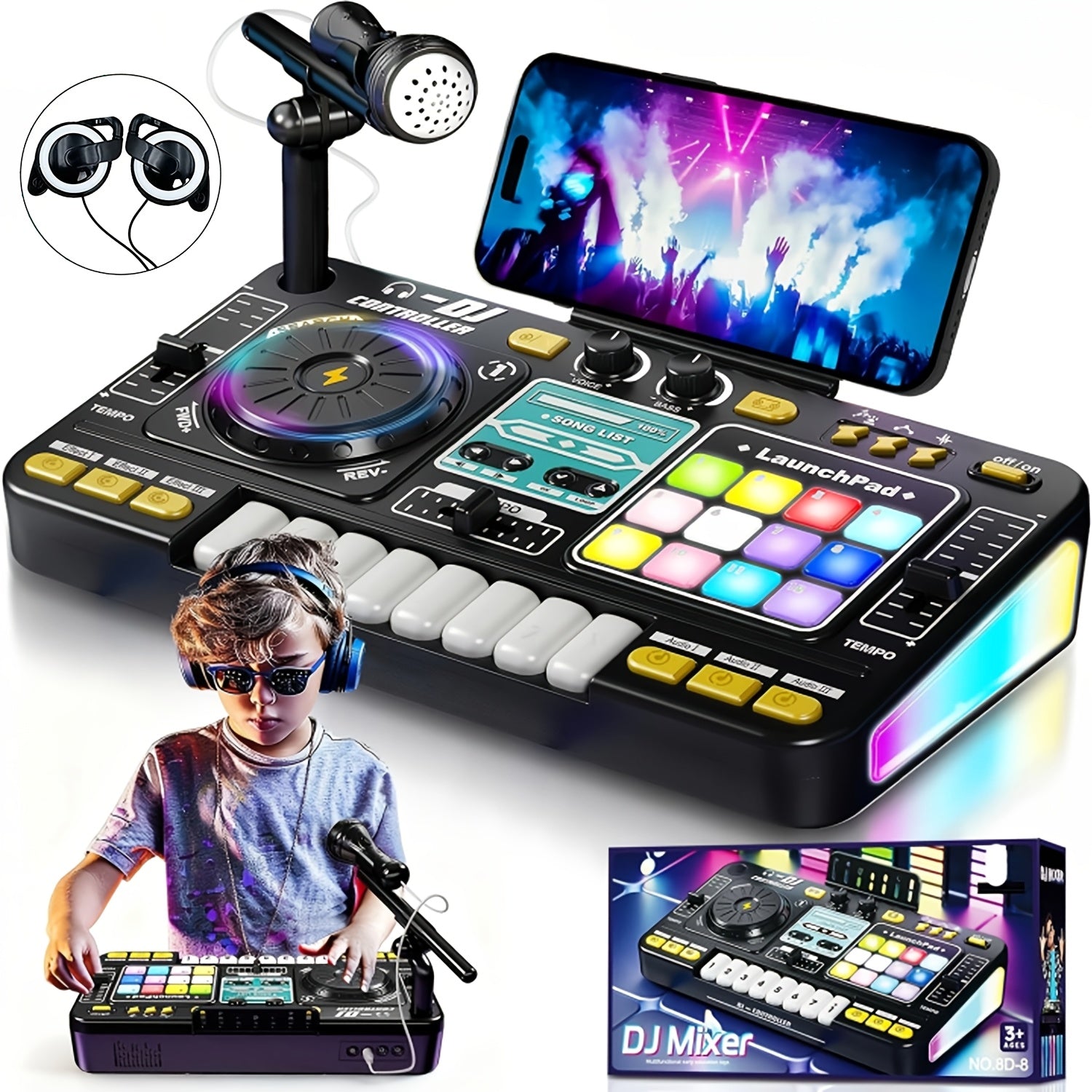 Kids DJ Mixer Toy Set with LED Lights Microphone Piano Keys 100+ Sound Effects Rechargeable Interactive Music Controller for Boys Girls Birthday Gift