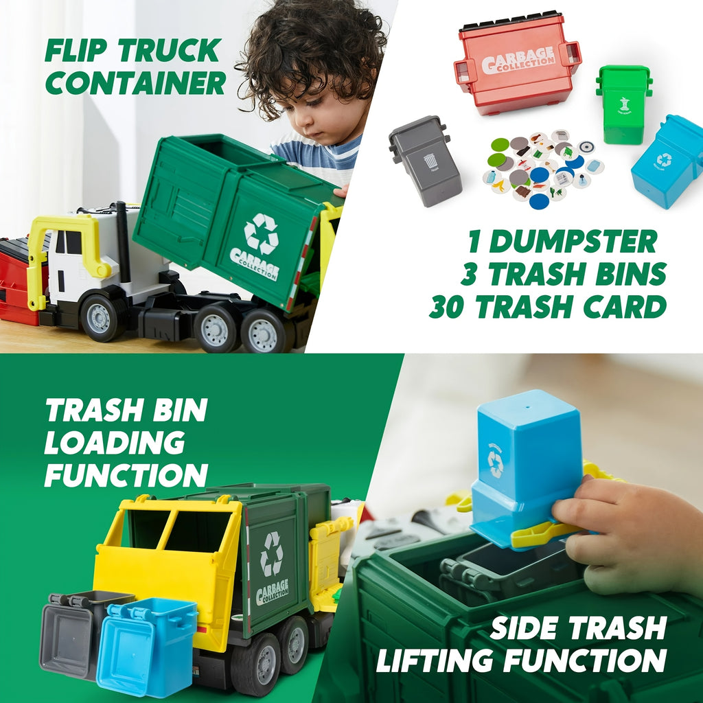 Garbage Truck Toy with Lights & Sounds – 16" Large Friction Powered Truck, Dumpster & Trash Bins, Garbage Sorting Learning Cards, Front-Load Dump Action, Birthday Gift for Kids Ages 3+