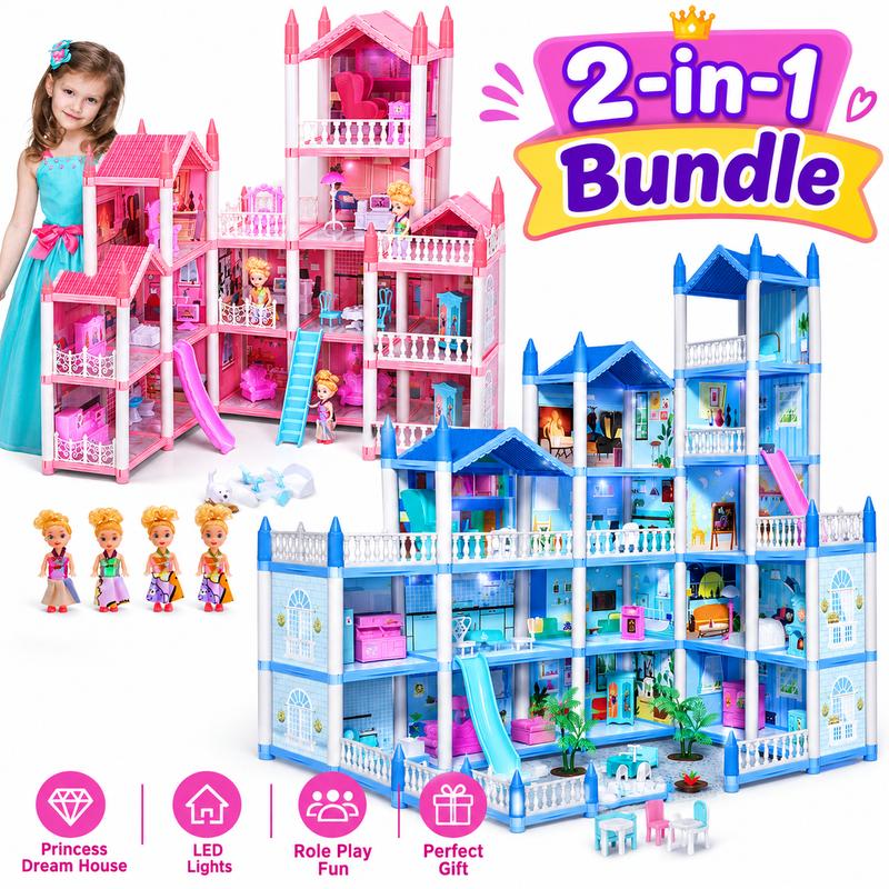 Dollhouse with Lights by CUTE STONE, 14 or 16 Room Princess Playhouse with Furniture and Accessories, Pink or Blue Pretend Play Gift for Kids Ages 3+
