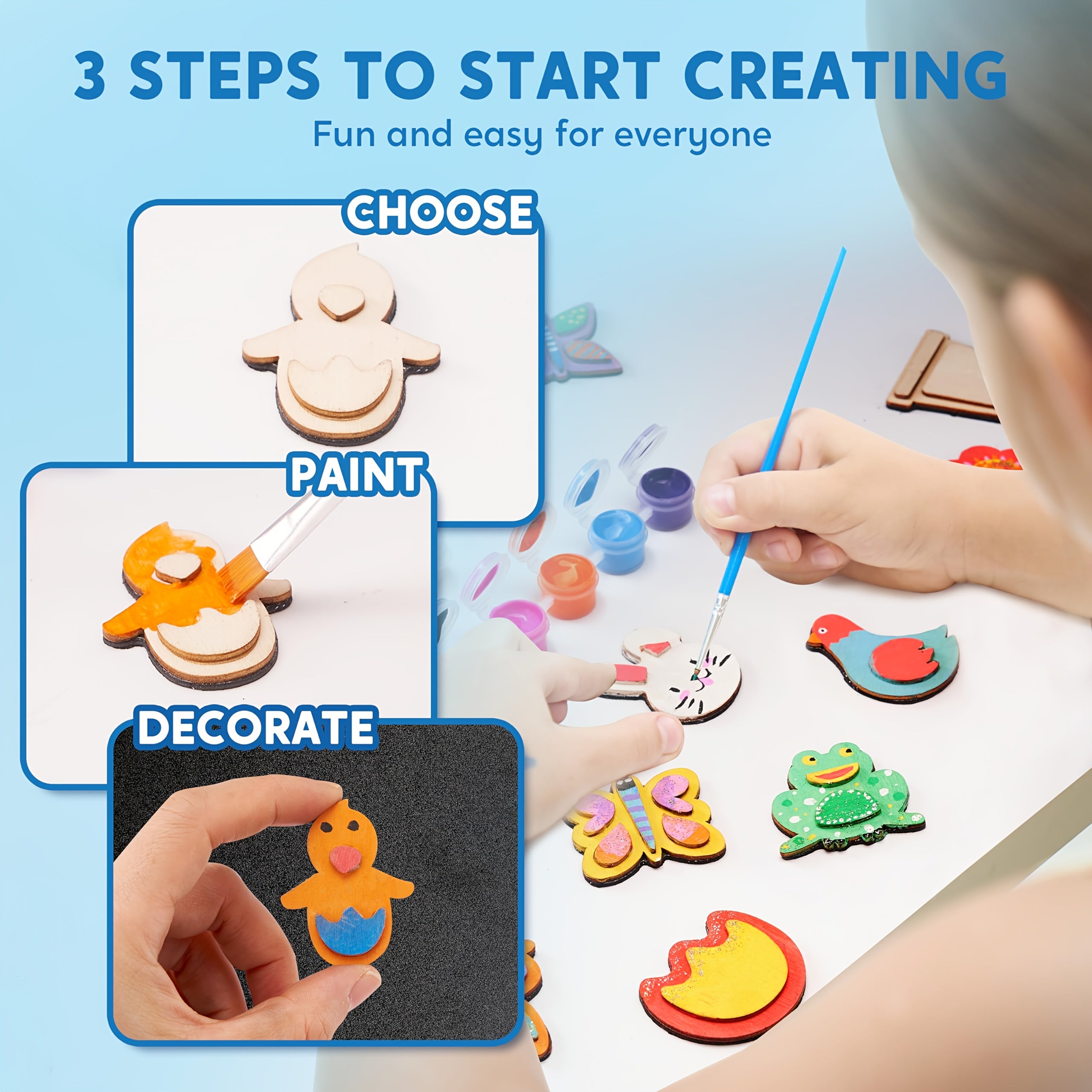 12 Wooden Magnet Painting Kit for Kids – DIY Arts & Crafts Set with Paint, Brush & Glitter Glue, Decorate Your Own Fridge Magnets, Easter Basket Stuffer, Birthday Party Favor for Boys Girls Ages 3+