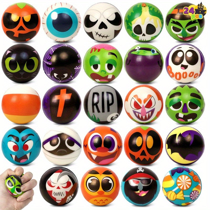 Halloween Stress Balls 24 Pack – Assorted Designs & Colors Squeeze Toys for Kids, Halloween Party Favors, Trick or Treat Toys for Boys and Girls
