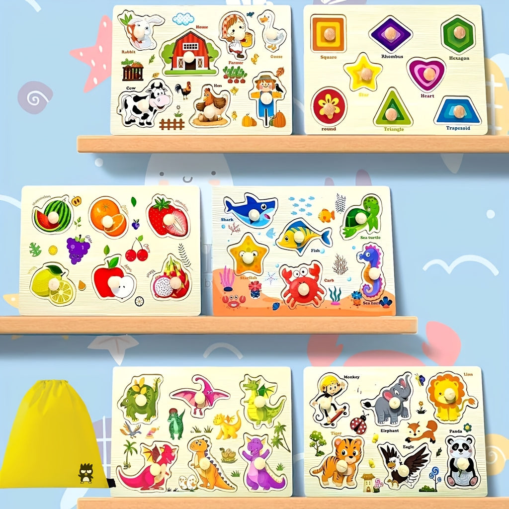 Wooden Jigsaw Puzzles for Toddlers Preschoolers Farm Animal Dinosaur Fruit Shape Number Educational STEM Toy Boys Girls Ages 2-5