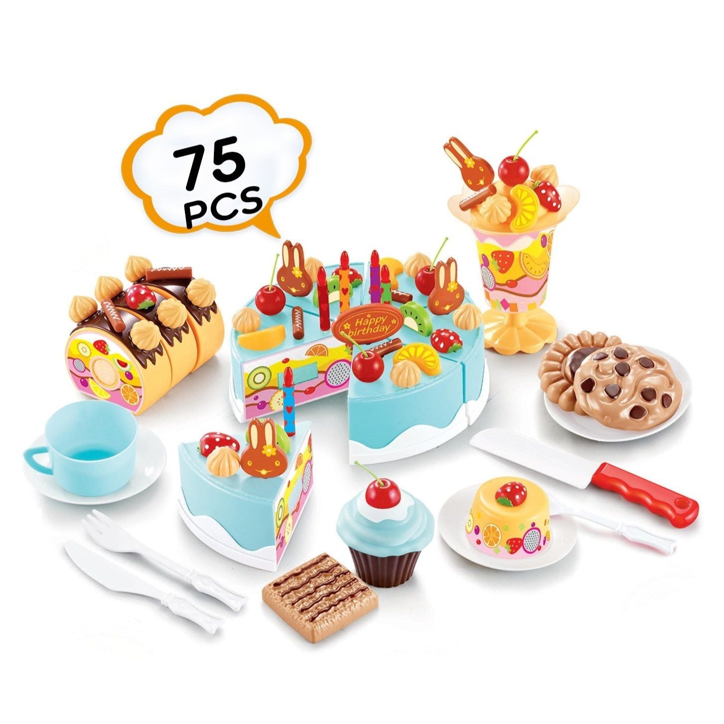 Birthday Cake Tea Party Play Food Toy Set Kids Pretend Play Cake Decorating Dessert Accessories 75-85pcs Girls Ages 3+