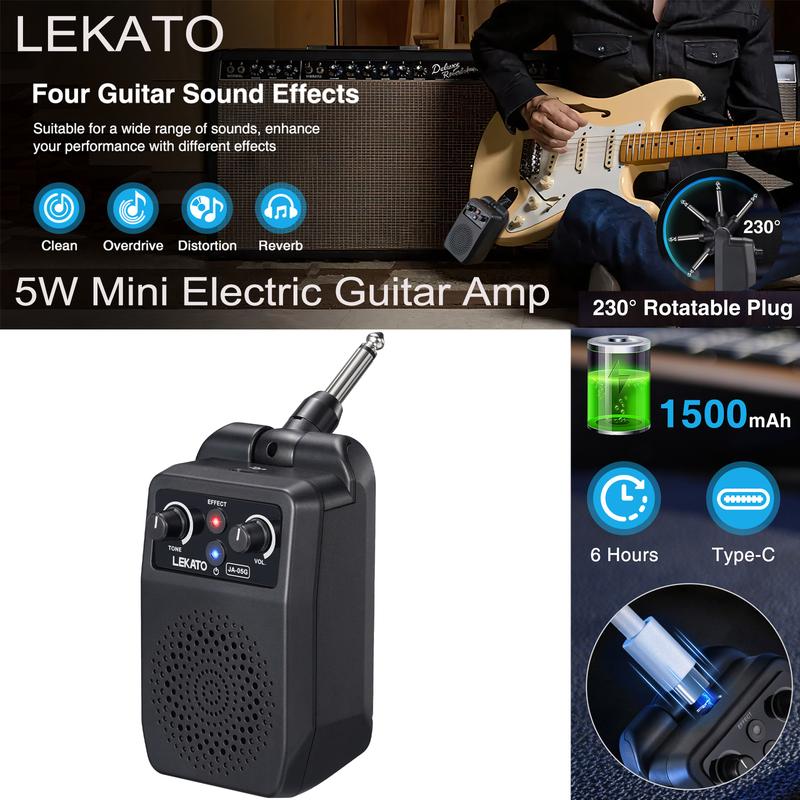 Mini Guitar Amp with Bluetooth, LEKATO Rechargeable Portable Electric Guitar Practice Amplifier with JA-05G 5W and Micro FX Options