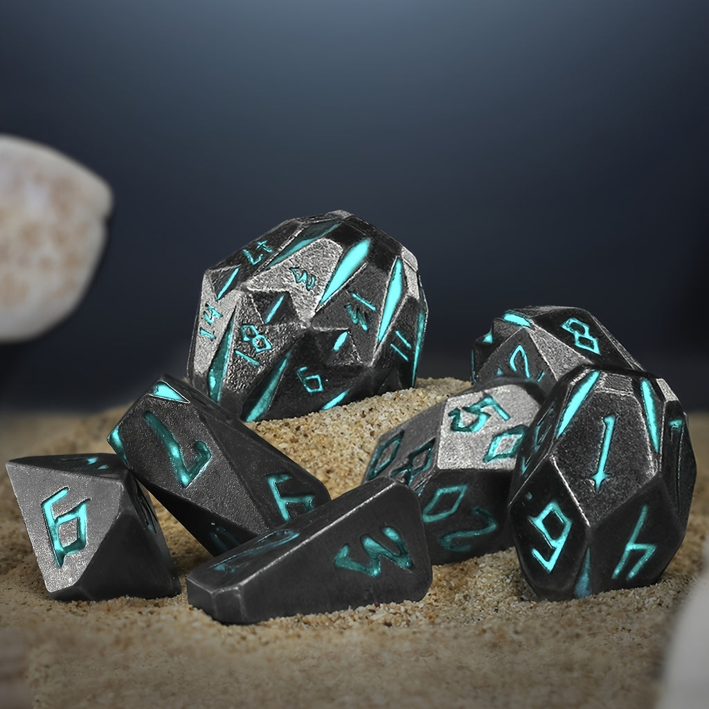 Metal DND Dice Set 7 Piece Stonehenge Themed Glow in the Dark – Zinc Alloy Heavy Polyhedral RPG Dice D4-D20 with Gift Box Blue, Dungeon Master Birthday Christmas Gift for Tabletop Gamers