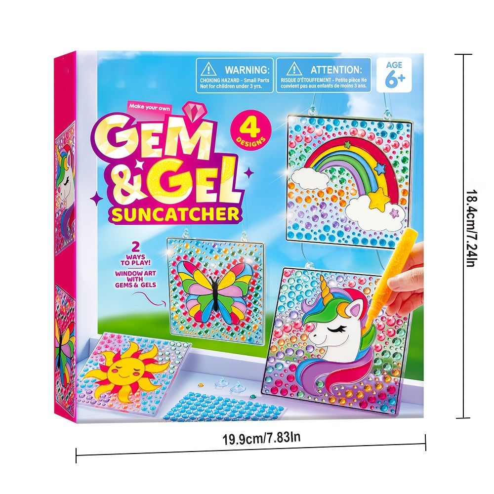4-Piece Suncatcher Painting Kit 2-in-1 Gem Stickers and Window Paint Pens Butterfly Unicorn Rainbow Sun Designs Arts Crafts Gift for Girls Boys Ages 6 Plus