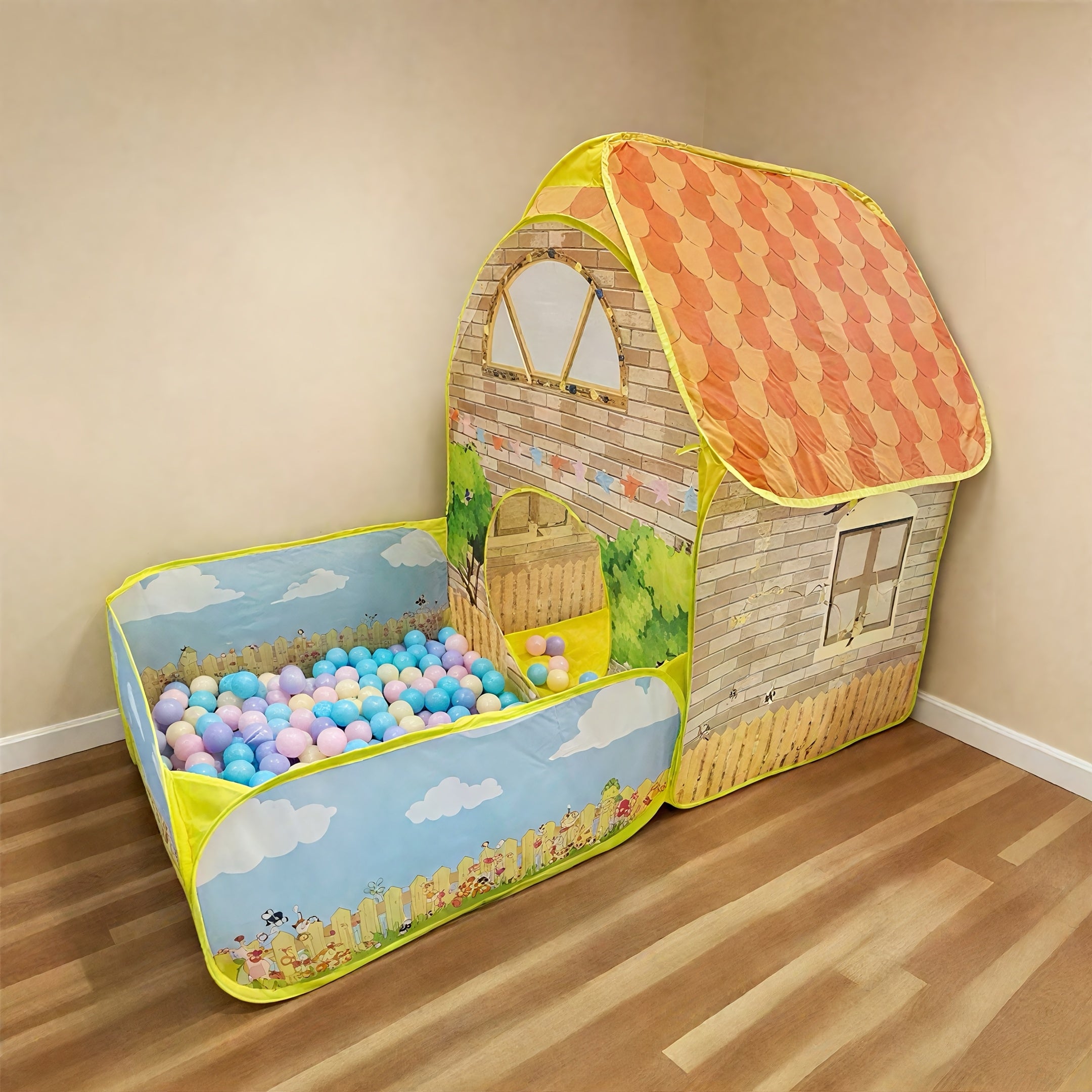 Kids Play Tent with Ball Pool Cartoon Cottage Playhouse for Toddlers Ages 1-6 - Indoor Outdoor Ball Pit Tent - Christmas Halloween Birthday Gift for Boys Girls