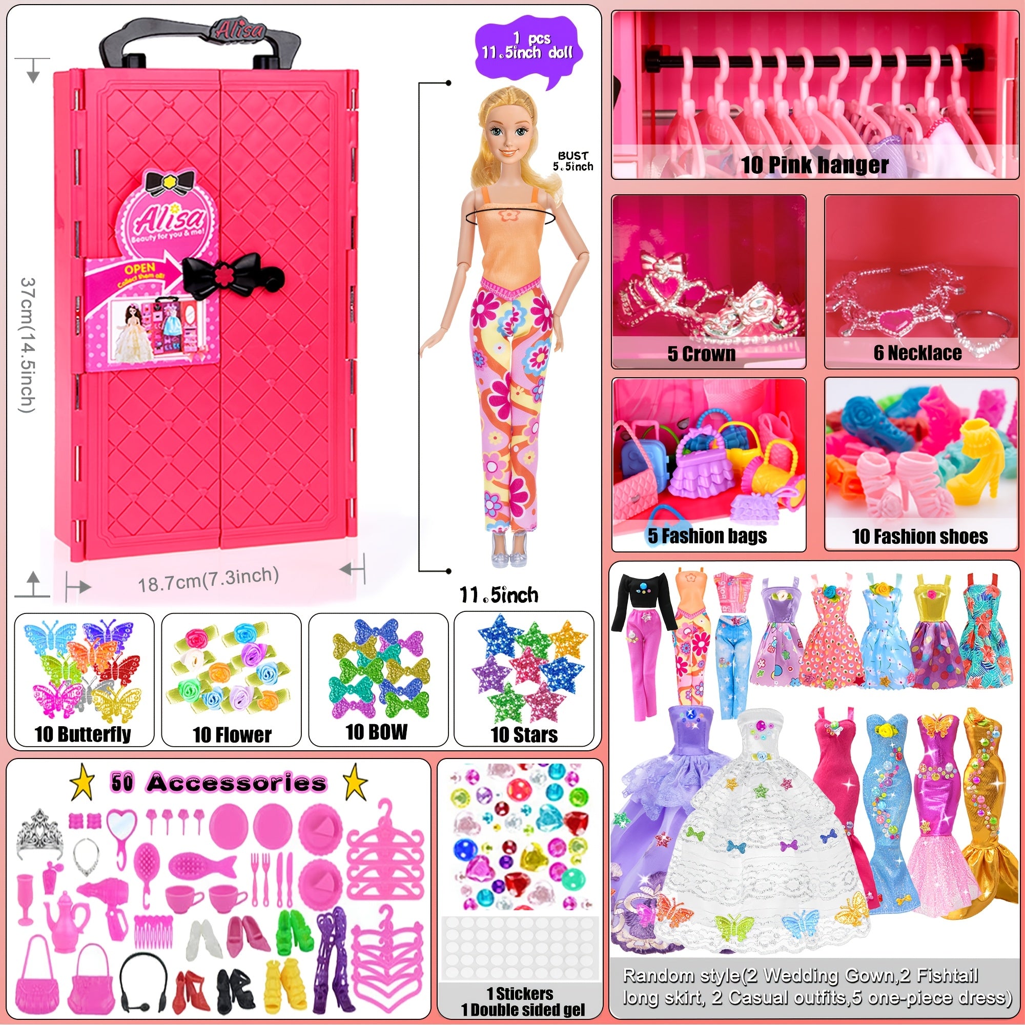139pcs Doll Closet Wardrobe Playset for 11.5 Inch Fashion Dolls – Princess & Mermaid Dresses, Shoes, Hangers, Handbags, DIY Stickers & 50+ Accessories, Complete Fashion Gift for Girls Ages 3+