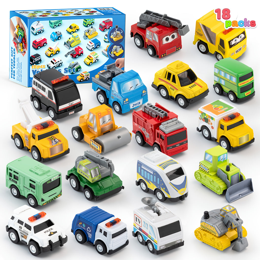 18-Piece Pull Back Cars and Trucks Toy Set for Kids Ages 3+ Friction Powered Mini City Vehicles Party Favors Easter Christmas Gift Boys Girls