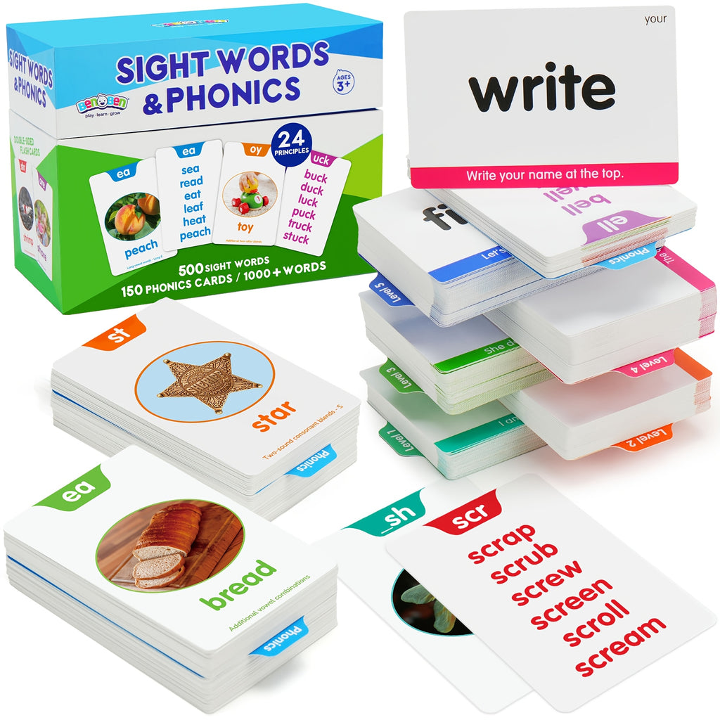 500 Sight Words & 150 Phonics Flash Cards Set – 1000+ Words, Dolch & Fry High Frequency Words, CVC Blends & Long Vowels, Learn to Read for Pre-K to 3rd Grade Kids