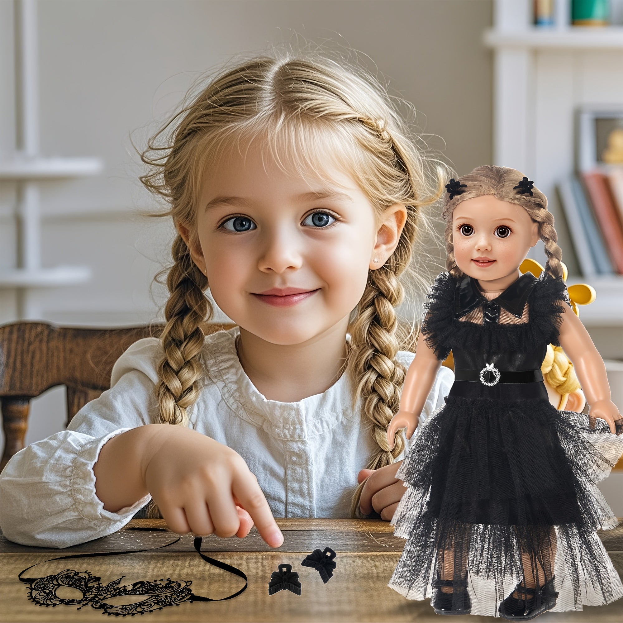Doll Halloween Costume 18 Inch – Black Tulle Cake Dress with Bow Hair Clip Movie-Inspired Party Outfit for 16-18 Inch Girl Dolls No Doll Gift for Kids