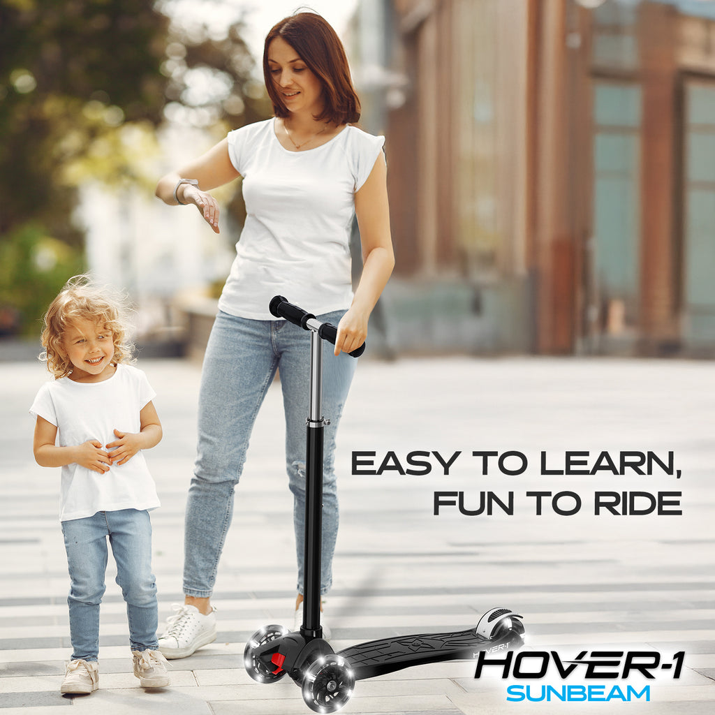 Hover-1 Sunbeam Kids Kick Scooter with Multicolor LED Wheel Lights – 3-Wheel Adjustable Height, 110 lb Capacity, Rear Foot Brake for Boys & Girls