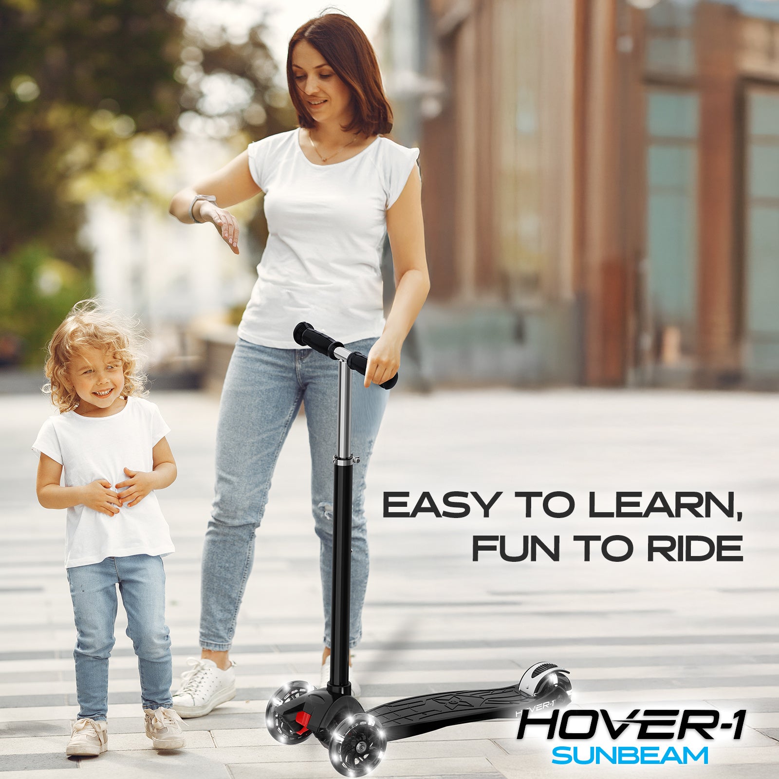 Hover-1 Sunbeam Kids Kick Scooter with Multicolor LED Wheel Lights – 3-Wheel Adjustable Height, 110 lb Capacity, Rear Foot Brake for Boys & Girls
