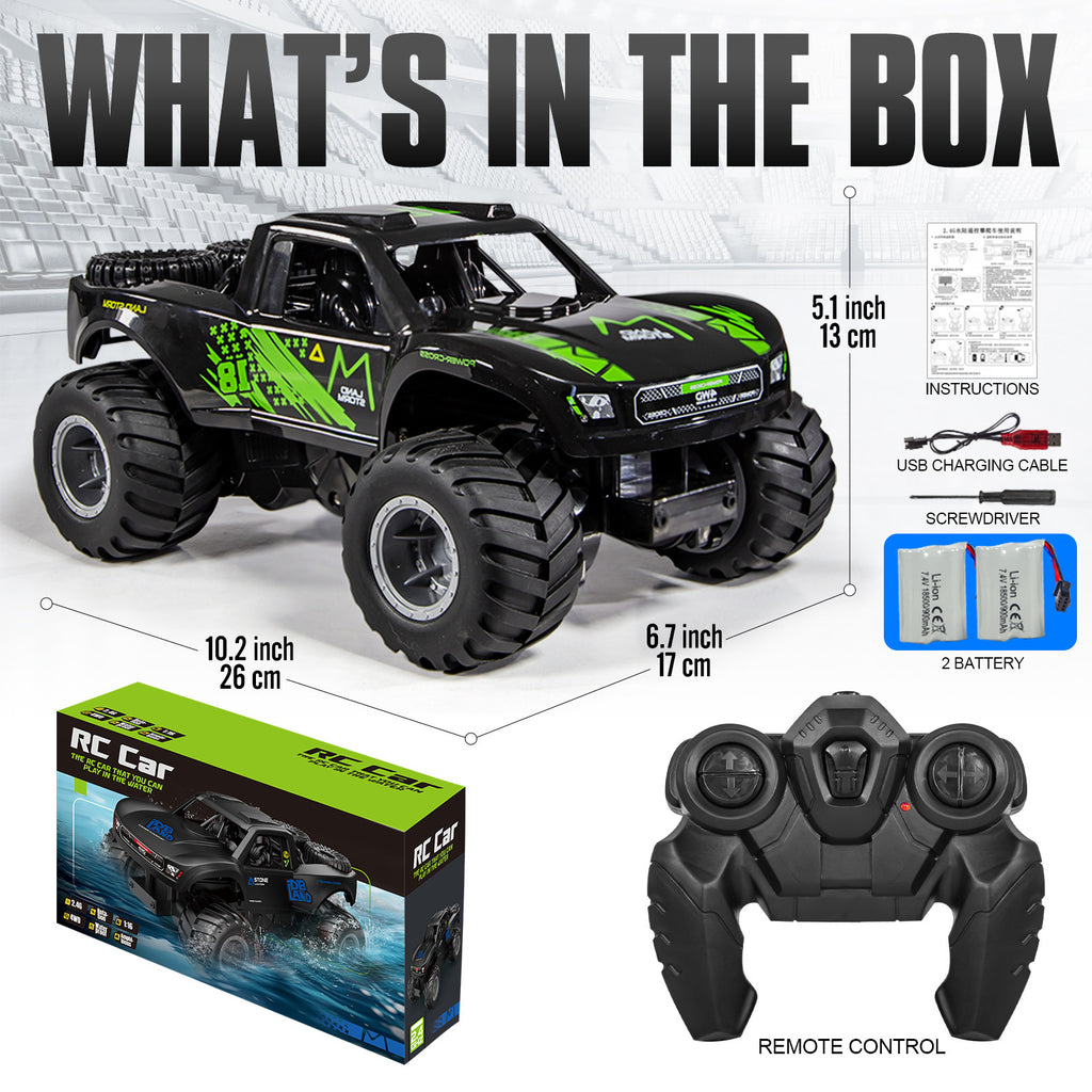 Amphibious RC Monster Truck 1:16 Scale 4WD Waterproof - 2 Rechargeable Batteries, All Terrain Off-Road RC Car for Kids Boys Ages 4-7, Birthday Gift