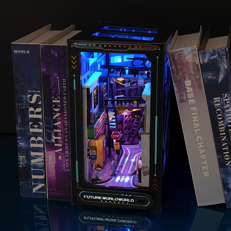 Book Nook Kit with Lights DIY Near Future Sci-Fi – 3D Wooden Miniature Dollhouse Bookshelf Insert Home Decor Gift for Teens Adults Birthday Christmas No Battery No Glue